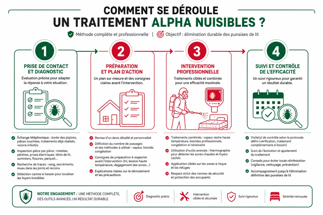 Traitement des punaises de lit en Île-de-France: la méthode Alpha Nuisibles pour s'en débarrasser définitivement , Comment se déroule un traitement Alpha Nuisibles? Étapes, conseils et suivi