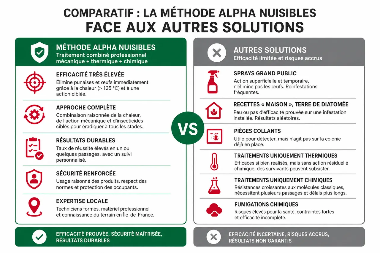 Traitement des punaises de lit en Île-de-France: la méthode Alpha Nuisibles pour s'en débarrasser définitivement , Comparatif: la méthode Alpha Nuisibles face aux autres solutions