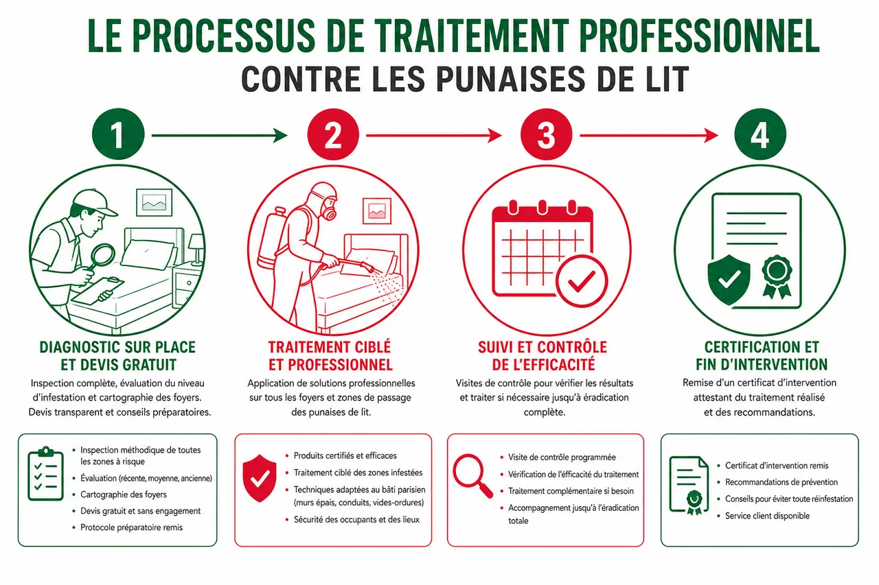 Traitement punaises de lit à Paris: intervention certifiée sous 24h dans tous les arrondissements , Le processus de traitement professionnel contre les punaises de lit