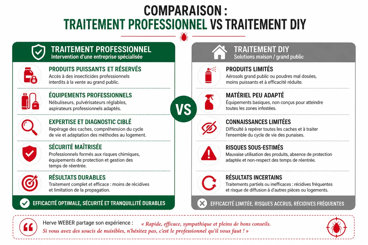 Traitement chimique des punaises de lit: protocole professionnel, produits et précautions , Comparaison: traitement professionnel vs traitement DIY