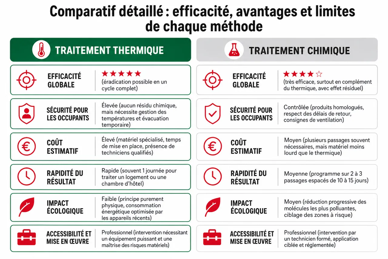 Quel est le traitement le plus efficace contre les punaises de lit? Comparatif thermique, chimique, vapeur, naturel , Comparatif détaillé: efficacité, avantages et limites de chaque méthode
