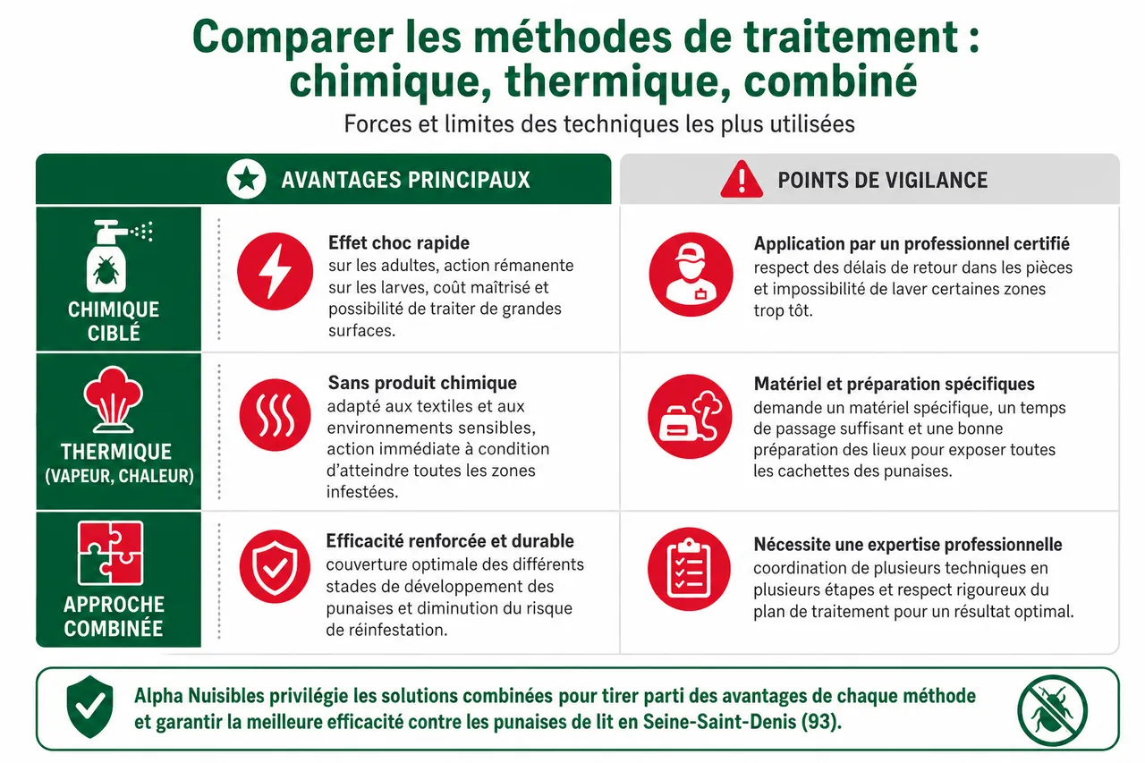 Traitement punaises de lit en Seine-Saint-Denis (93): intervention rapide dans tout le département , Comparer les méthodes de traitement: chimique, thermique, combiné