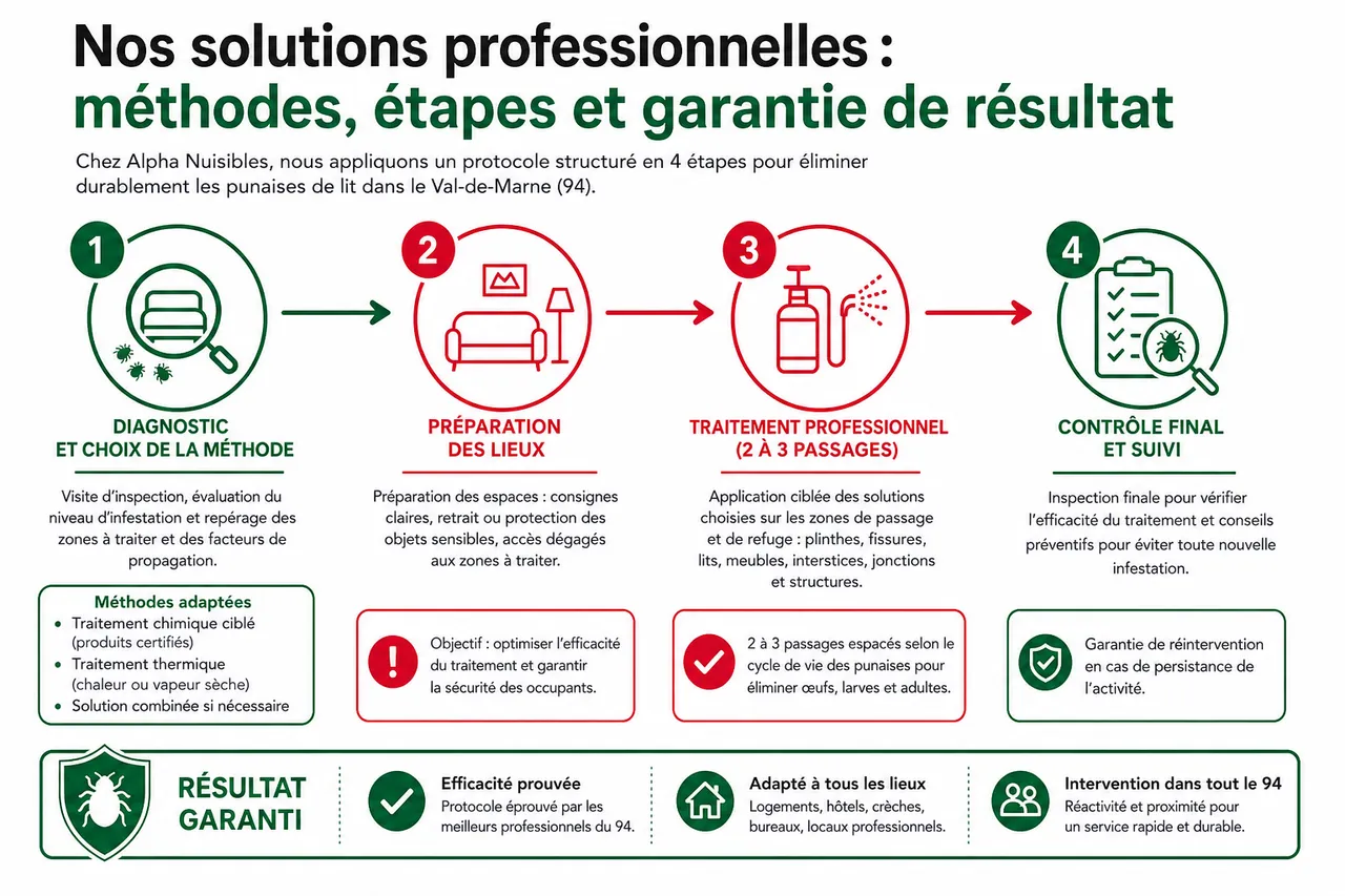 Traitement punaises de lit dans le Val-de-Marne (94): désinsectisation garantie , Nos solutions professionnelles: méthodes, étapes et garantie de résultat