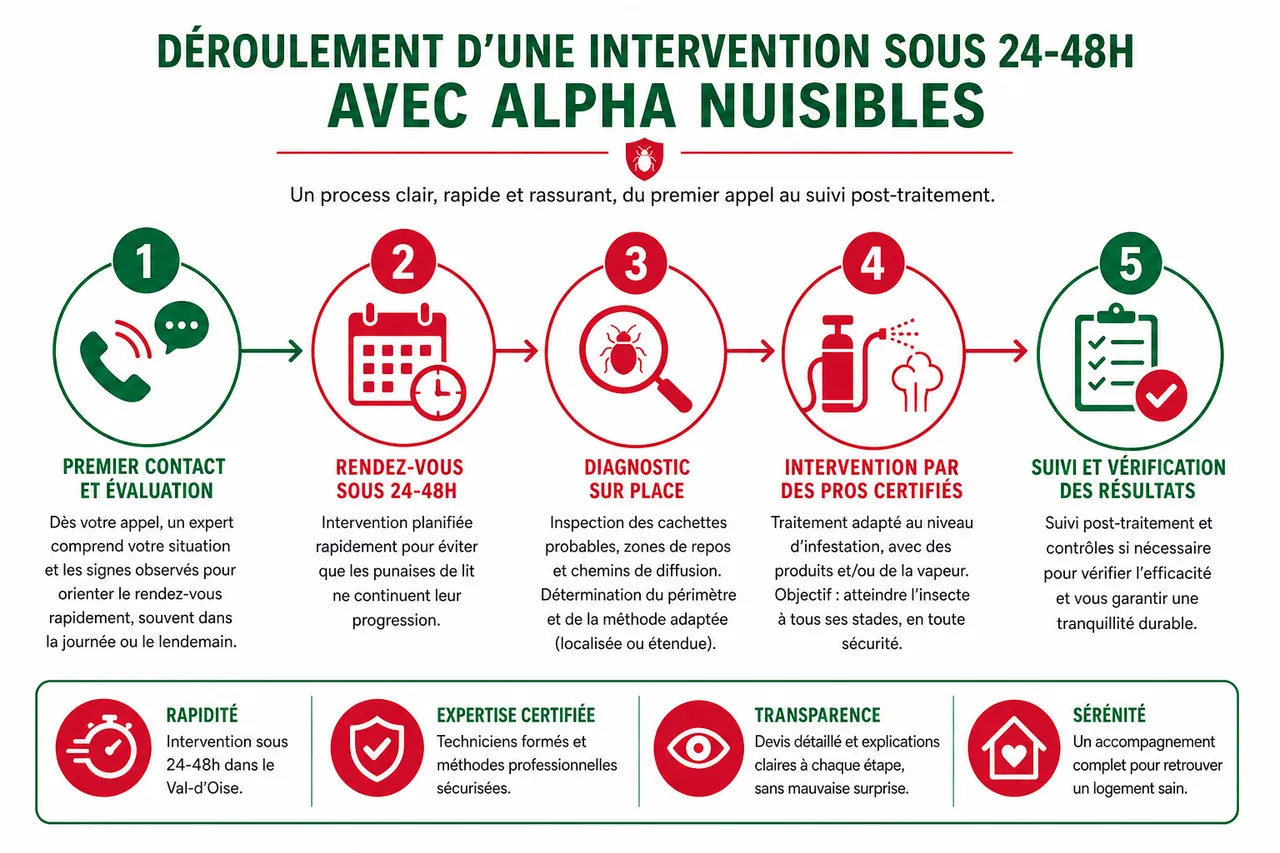 Traitement punaises de lit dans le Val-d'Oise (95): intervention sous 24-48h , Déroulement d’une intervention sous 24-48h avec Alpha Nuisibles