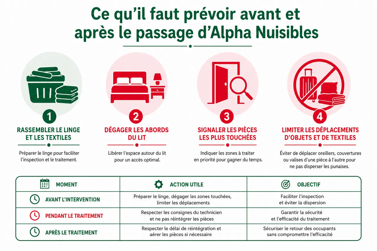 Traitement punaises de lit dans le Val-d'Oise (95): intervention sous 24-48h , Ce qu’il faut prévoir avant et après le passage d’Alpha Nuisibles