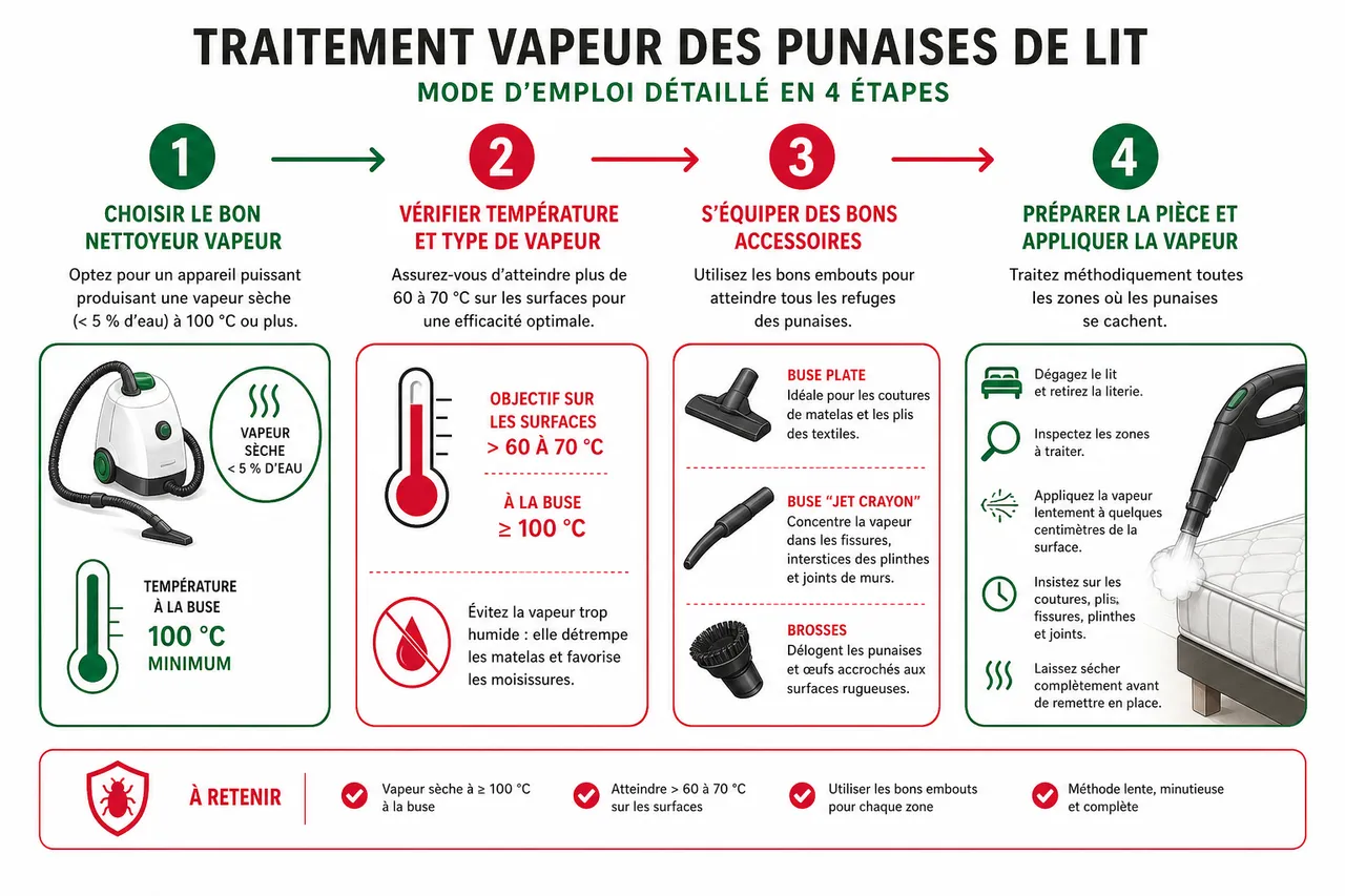 Traitement vapeur des punaises de lit: mode d'emploi, efficacité et limites , Mode d'emploi détaillé du traitement vapeur contre les punaises de lit