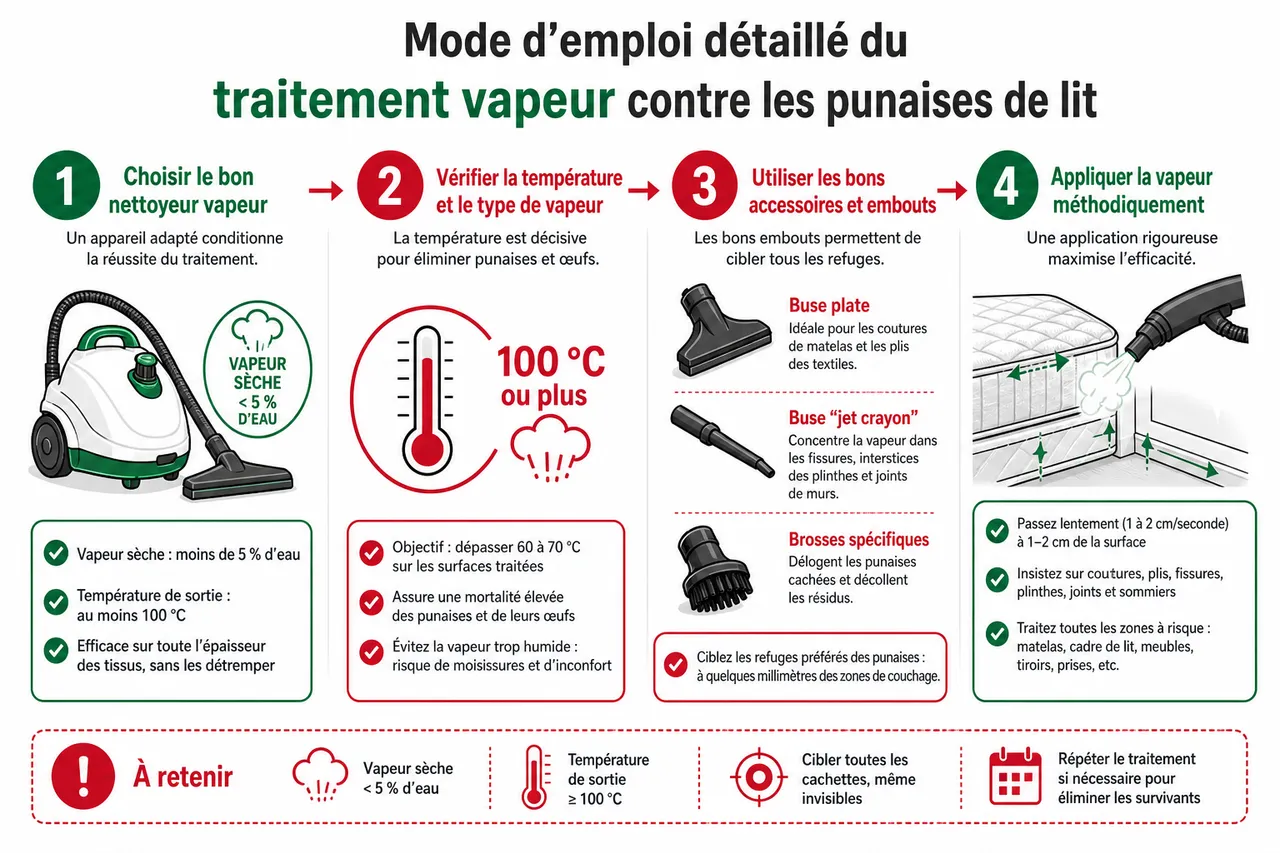 Traitement vapeur des punaises de lit: mode d'emploi, efficacité et limites , Mode d'emploi détaillé du traitement vapeur contre les punaises de lit