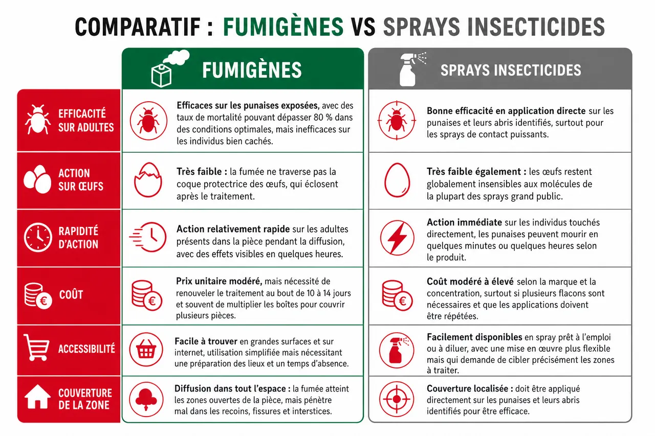 Fumigènes et insecticides en spray contre les punaises de lit: efficaces ou contre-productifs? , Comparatif: fumigènes vs sprays insecticides