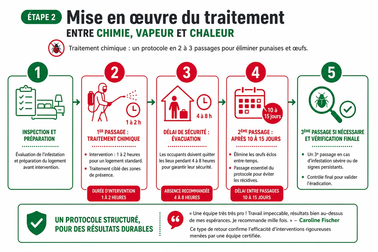 Combien de temps dure un traitement punaises de lit? Délais réels du diagnostic à l'éradication , Étape 2: mise en œuvre du traitement, entre chimie, vapeur et chaleur