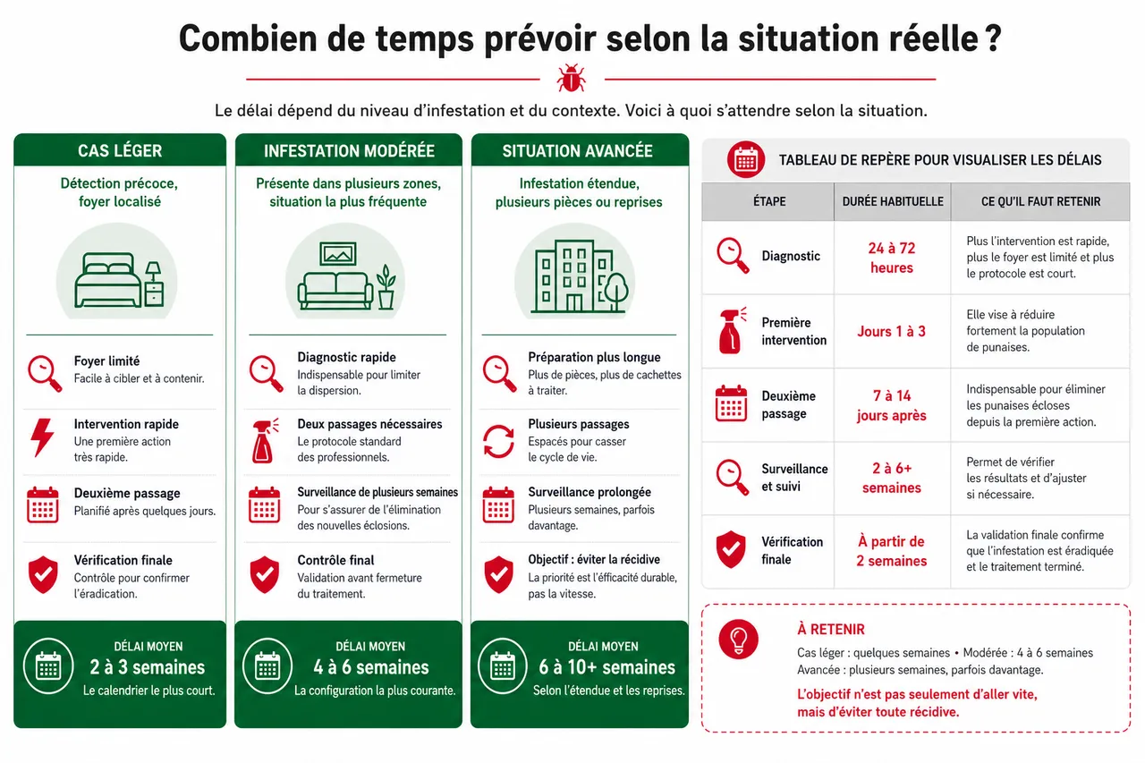 Combien de temps dure un traitement punaises de lit? Délais réels du diagnostic à l'éradication , Combien de temps prévoir selon la situation réelle?