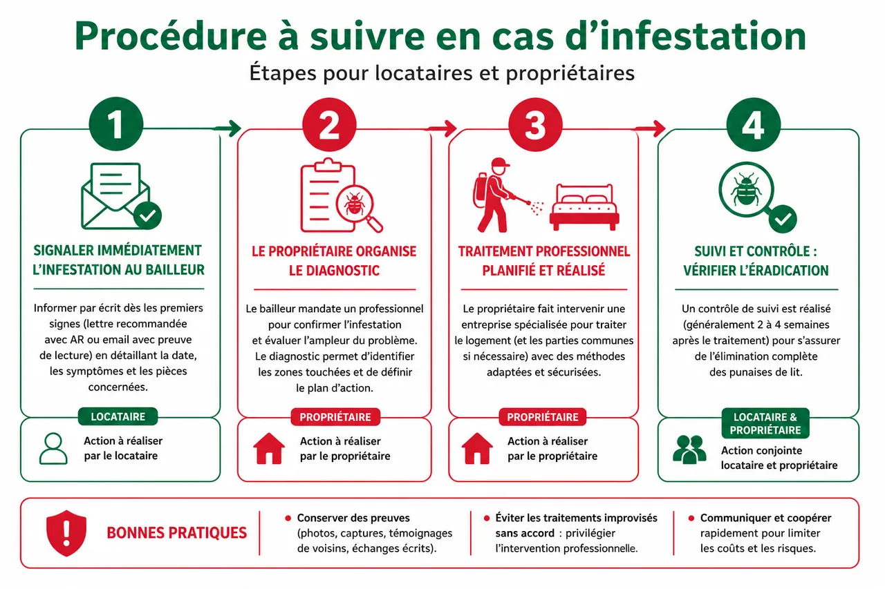 Punaises de lit: locataire ou propriétaire, qui doit payer le traitement? Ce que dit la loi , Procédure à suivre en cas d’infestation: étapes pour locataires et propriétaires