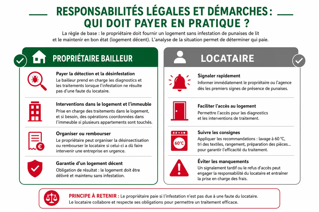 Traitement punaises de lit gratuit ou remboursé: mairie, assurance, aides; voici ce qui existe vraiment , Responsabilités légales et démarches: qui doit payer en pratique?