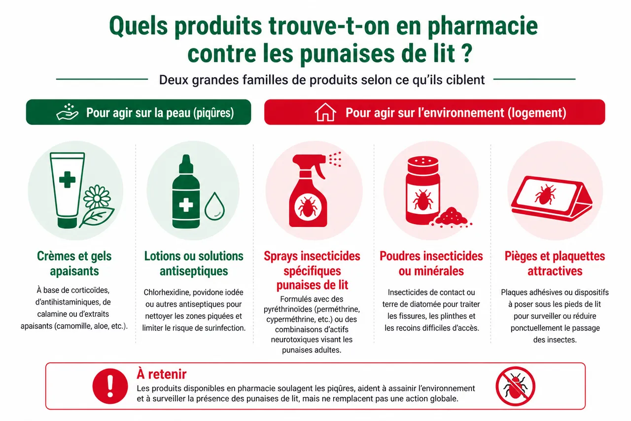 Punaises de lit: que trouve-t-on vraiment en pharmacie (crèmes, sprays) et à quoi ça sert , Quels produits trouve-t-on en pharmacie contre les punaises de lit?