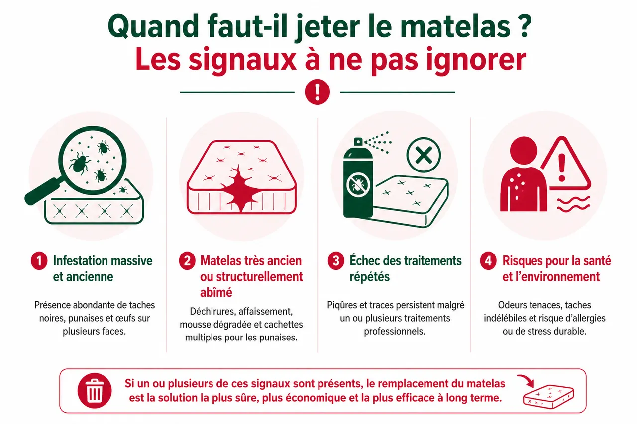 Comment traiter un matelas infesté de punaises de lit: le jeter ou le sauver? , Quand faut-il jeter le matelas? Les signaux à ne pas ignorer