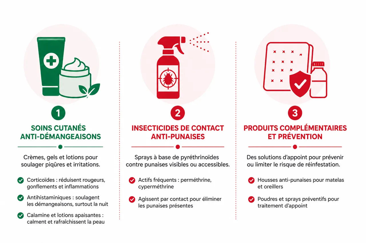 Punaises de lit: que trouve-t-on vraiment en pharmacie (crèmes, sprays) et à quoi ça sert , Quels produits trouve-t-on vraiment en pharmacie?
