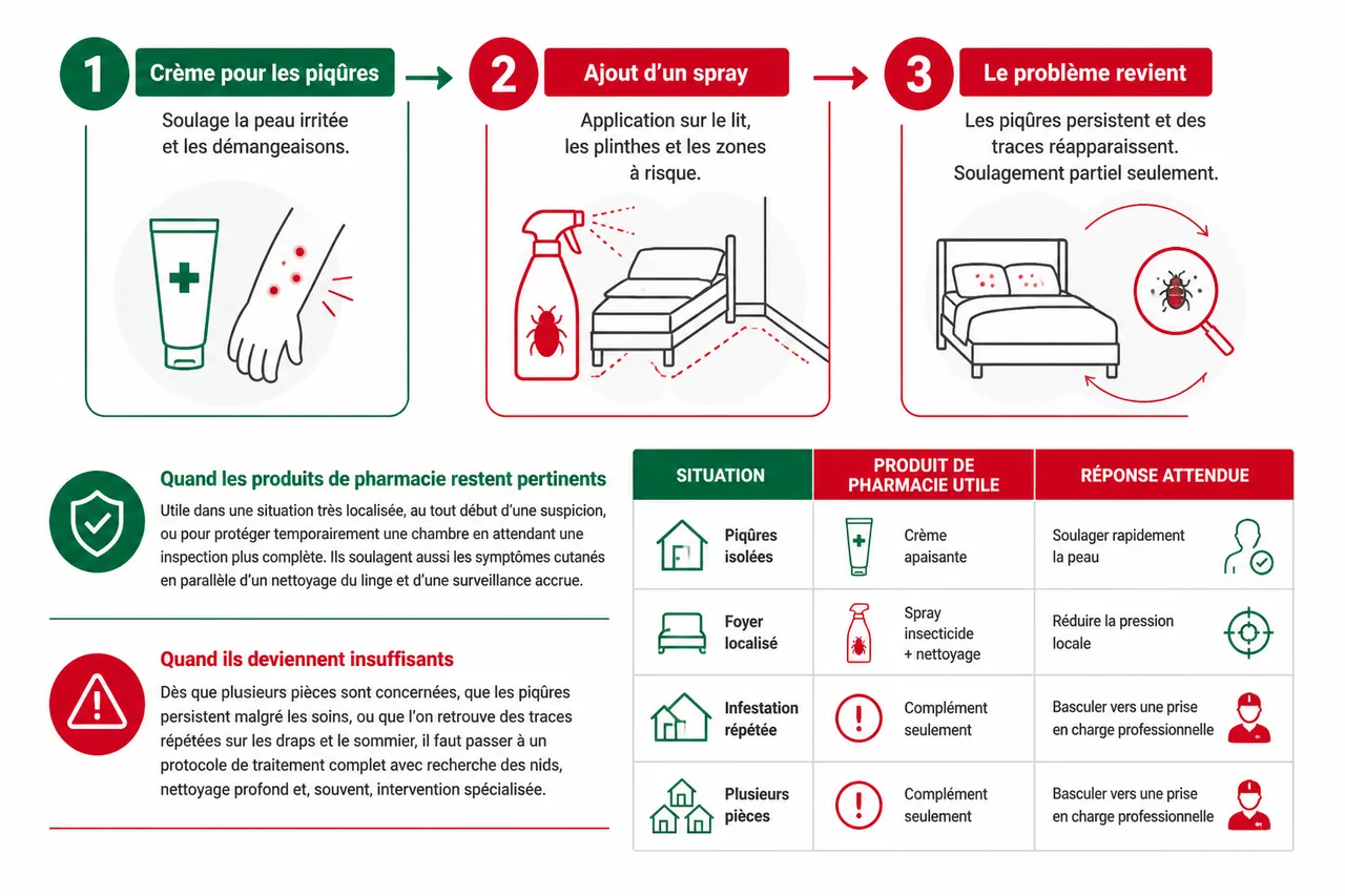 Punaises de lit: que trouve-t-on vraiment en pharmacie (crèmes, sprays) et à quoi ça sert , Le scénario le plus fréquent: un soulagement partiel, puis un besoin de traitement global