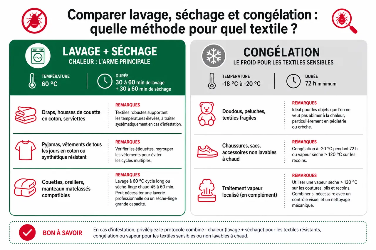 Punaises de lit: comment traiter le linge, les vêtements et les textiles (lavage, séchage, congélation) , Comparer lavage, séchage et congélation: quelle méthode pour quel textile?