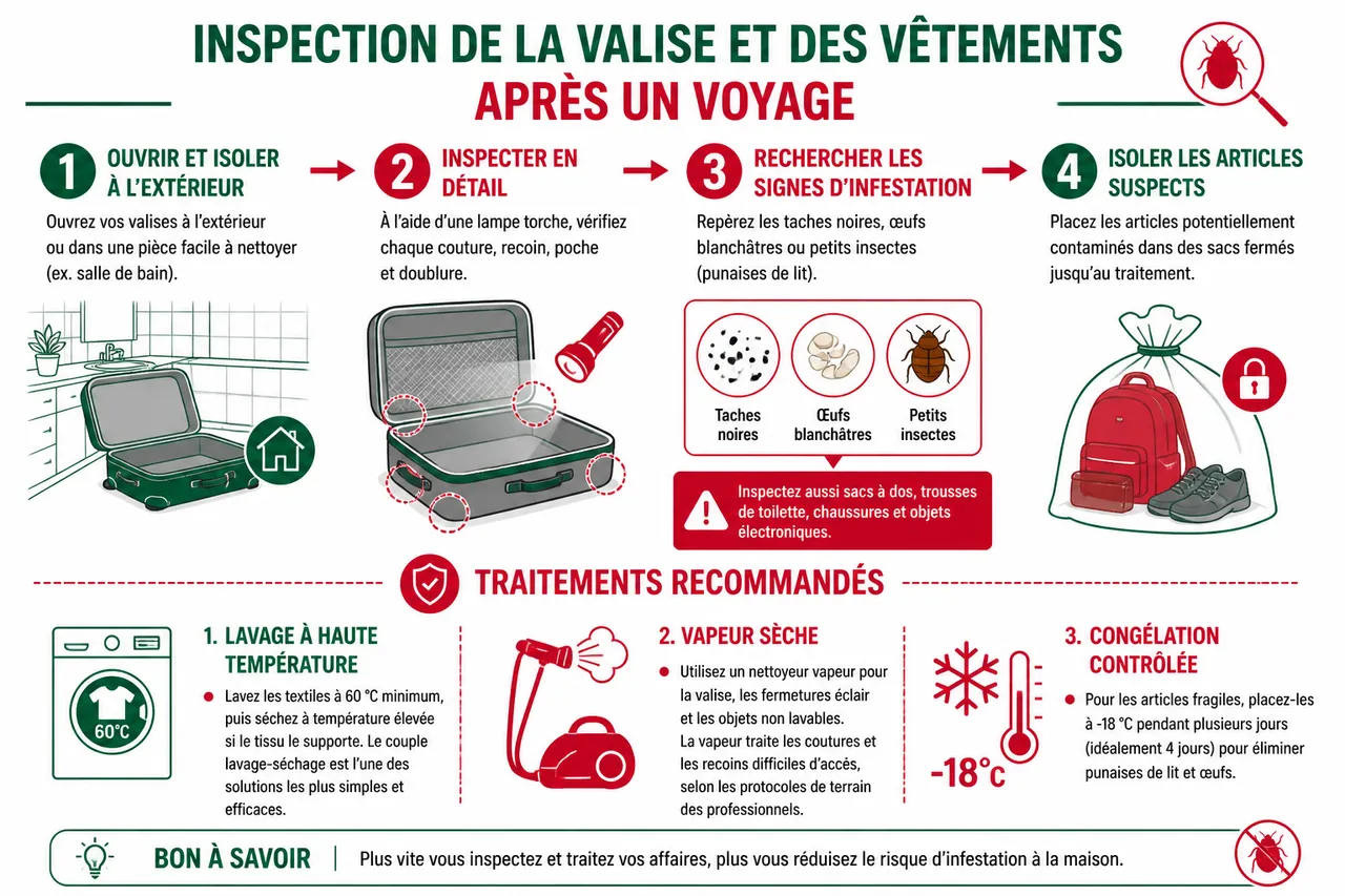 Punaises de lit au retour de voyage: traiter sa valise, ses affaires et sa voiture avant qu'il ne soit trop tard , Inspection et traitement de la valise et des vêtements après un voyage