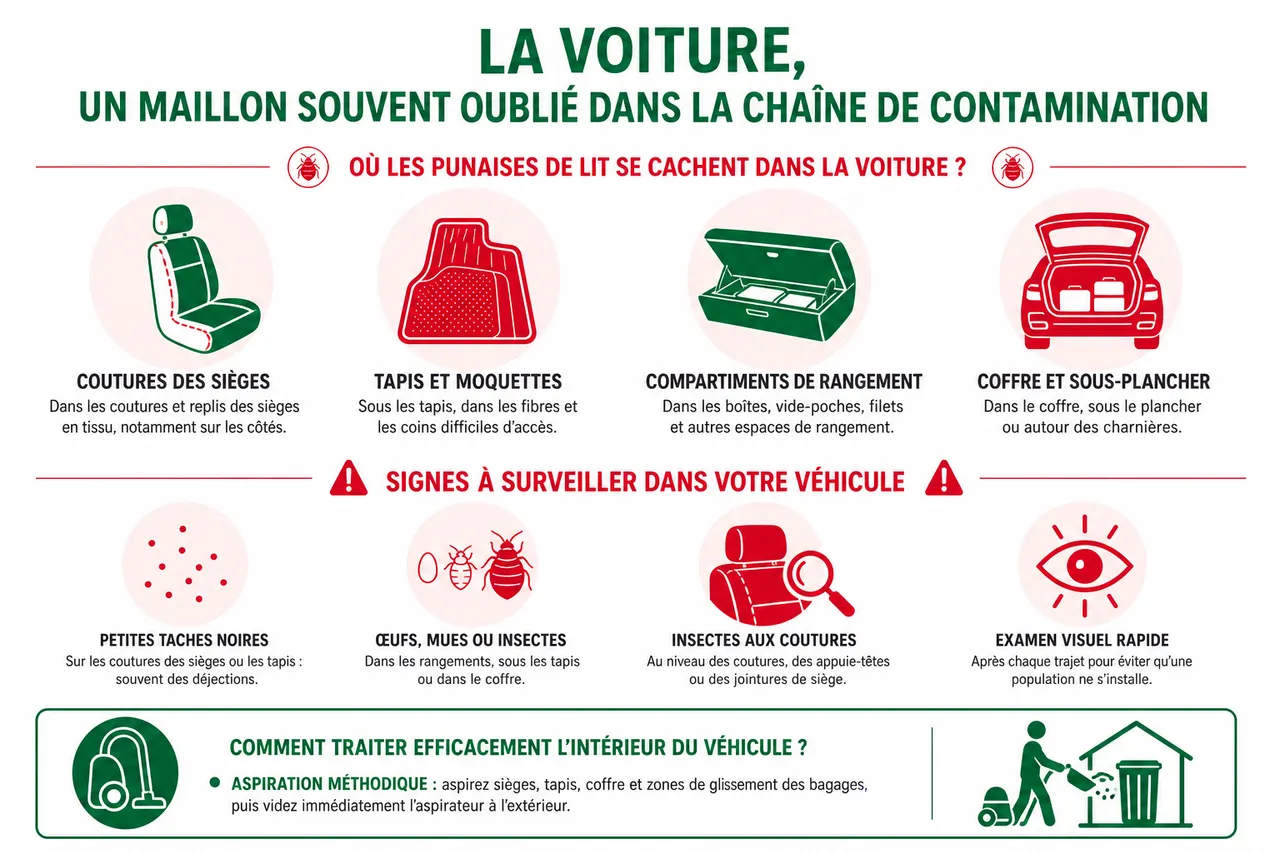 Punaises de lit au retour de voyage: traiter sa valise, ses affaires et sa voiture avant qu'il ne soit trop tard , La voiture, un maillon souvent oublié dans la chaîne de contamination