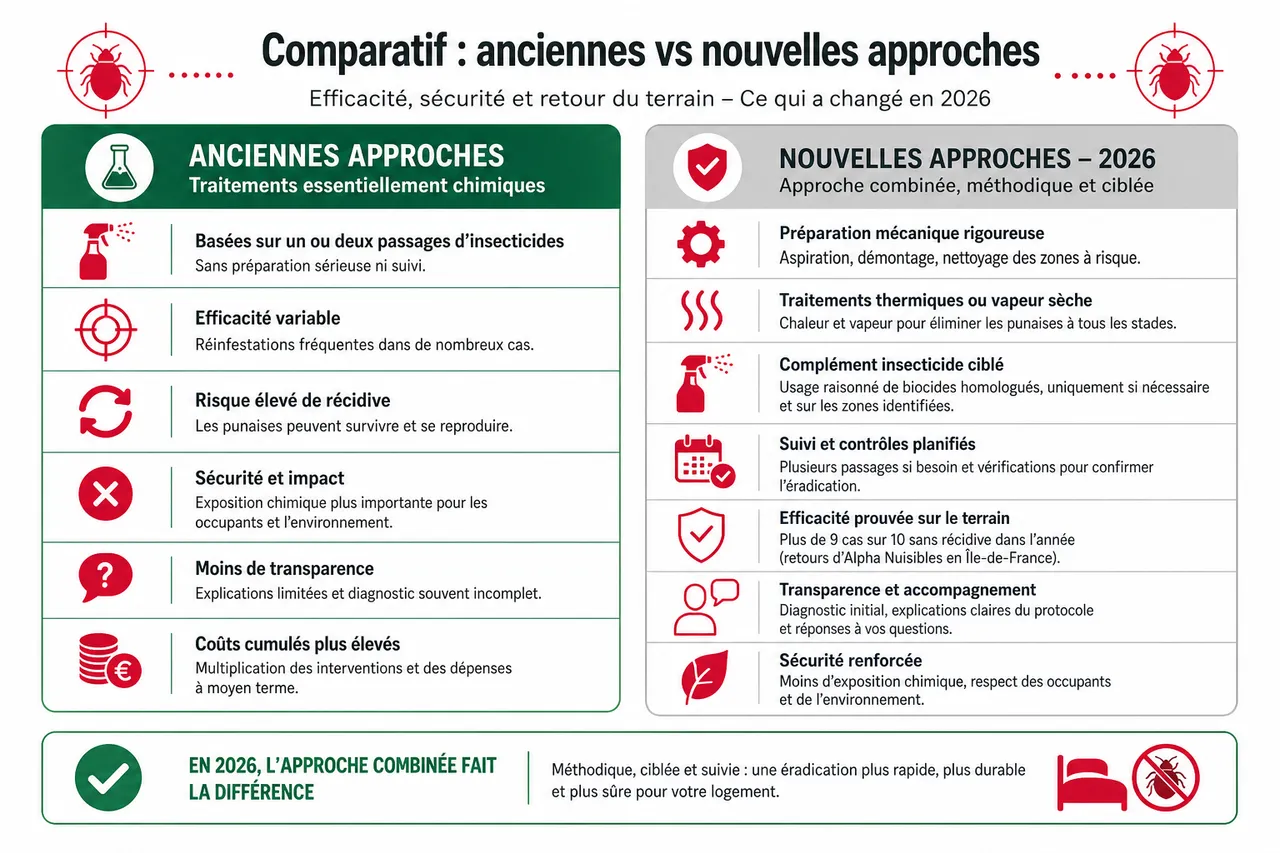 Traitement des punaises de lit en 2026: nouvelles méthodes, réglementation et ce qui a changé , Comparatif: anciennes vs nouvelles approches