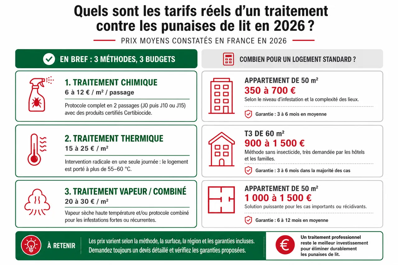 Prix d'un traitement punaises de lit en 2026: tarifs réels par surface et par méthode , Quels sont les tarifs réels d’un traitement contre les punaises de lit en 2026?