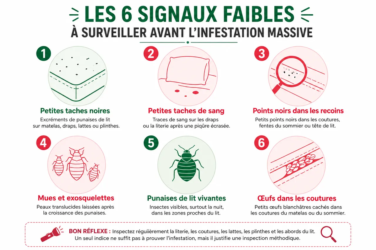 Diagnostic précoce des punaises de lit: voici 6 signaux faibles à surveiller avant l’infestation massive , Les 6 signaux faibles à surveiller avant l’infestation massive