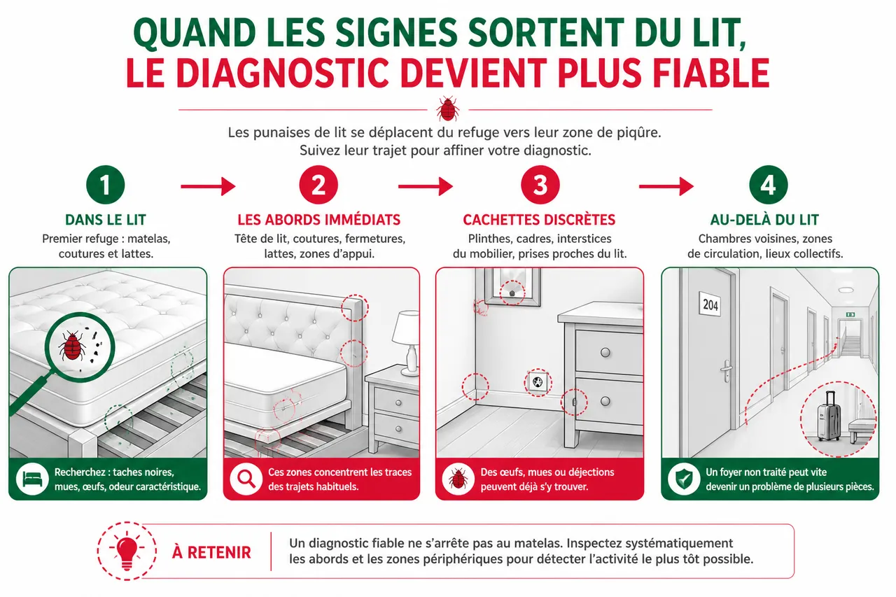 Diagnostic précoce des punaises de lit: voici 6 signaux faibles à surveiller avant l’infestation massive , Quand les signes sortent du lit, le diagnostic devient plus fiable