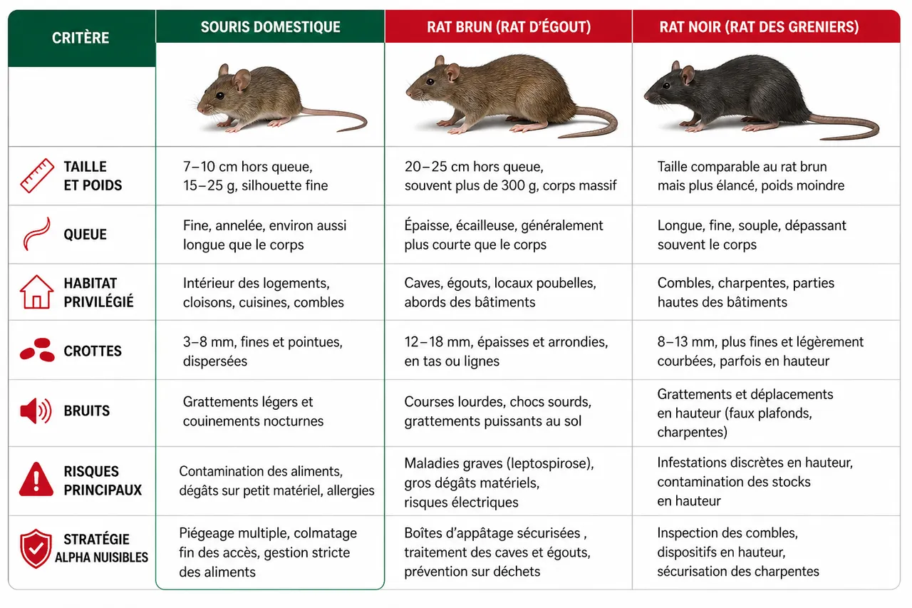 Souris ou rat: les indices pour reconnaître le bon nuisible , Tableau comparatif: souris, rat brun et rat noir