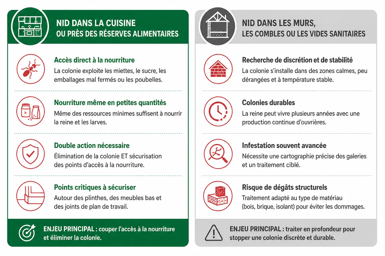 Nid de fourmis dans la maison, ce que sa localisation révèle sur l’infestation , Ce que la localisation du nid révèle sur l’infestation