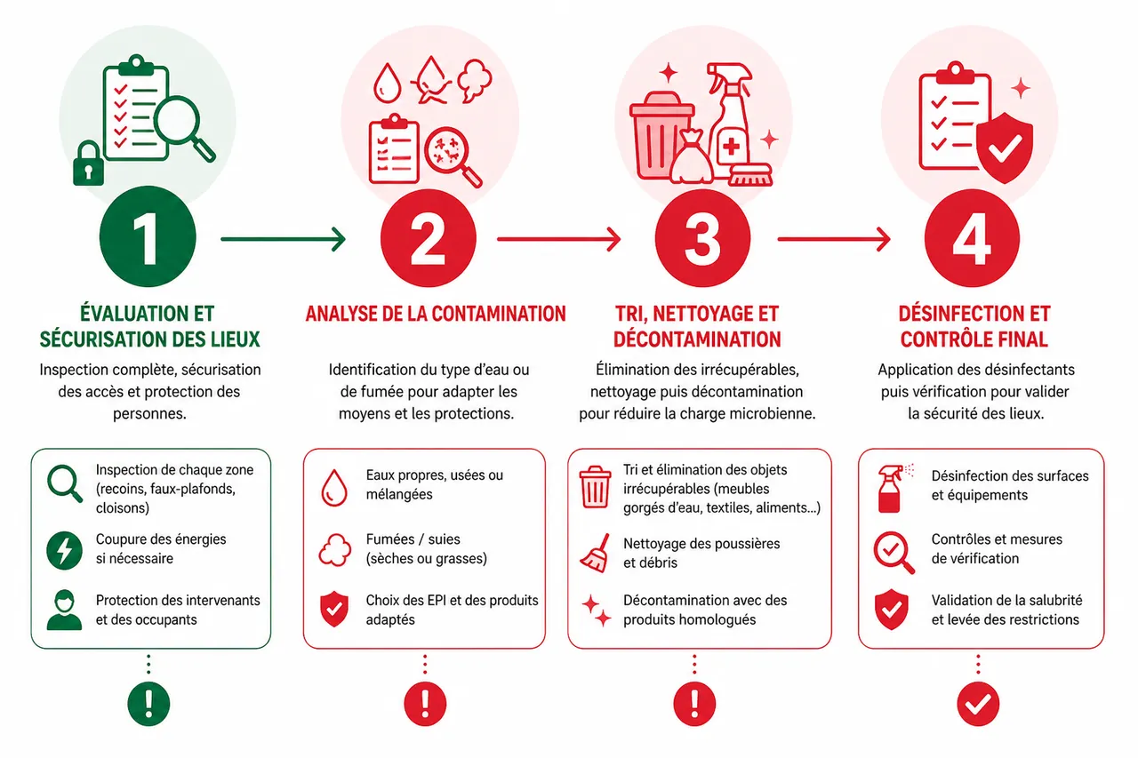 Désinfection après sinistre, les étapes que beaucoup oublient de prévoir , Étapes clés d’une désinfection après sinistre