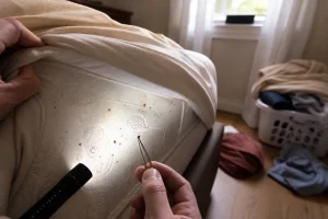 Insectes punaises de lit sur matelas avec loupe et détection