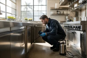 Cuisine professionnelle avec équipements de désinsectisation et précautions