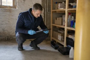 Équipe de dératisation préparant un devis professionnel pour infestation