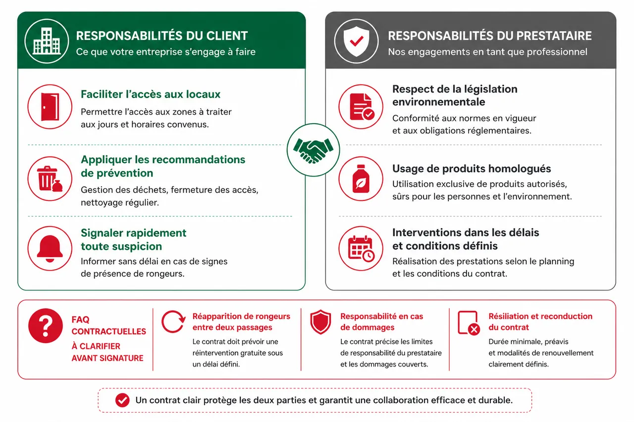 Contrat de dératisation pour entreprise, 7 points à comparer avant de signer , Clauses stratégiques du contrat: responsabilités, assurance et FAQ à prévoir