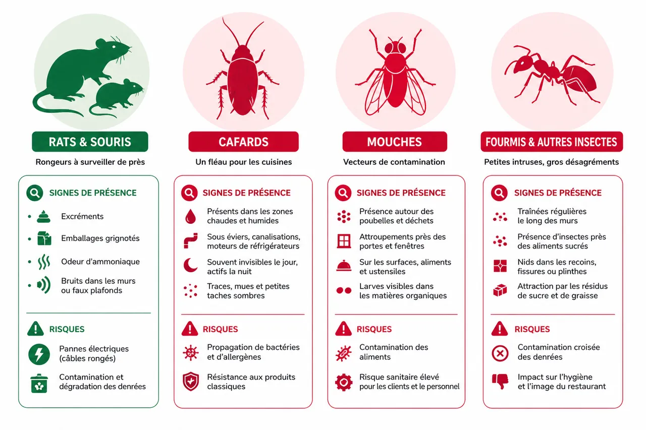 Prévention des nuisibles en restaurant, les mesures qui évitent les mauvaises surprises , Identifier les nuisibles courants en restaurant et leurs risques