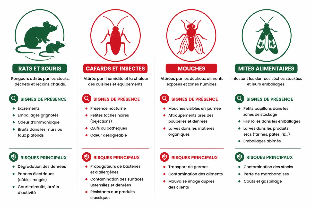 Prévention des nuisibles en restaurant, les mesures qui évitent les mauvaises surprises , Identifier les nuisibles courants en restaurant et leurs risques