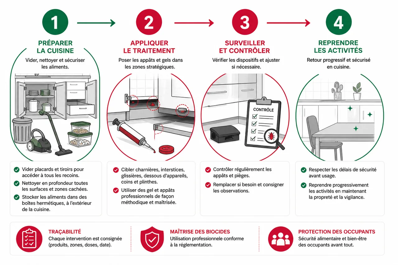 Traitement des cafards dans la cuisine, les méthodes qui limitent vraiment le retour , Étapes clés pour un traitement efficace et sécurisé
